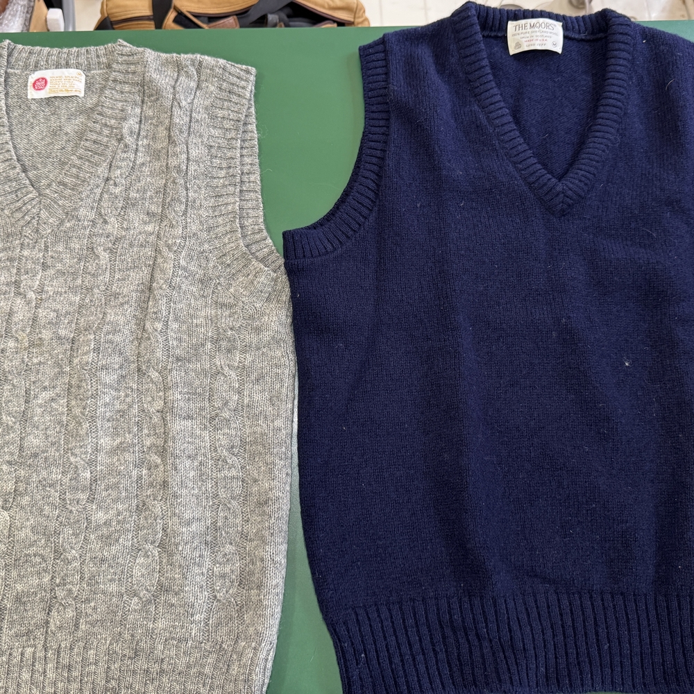2 Navy Blue & GRAY V-Neck Sweater Timeless Knit Design Made in Hong Kong